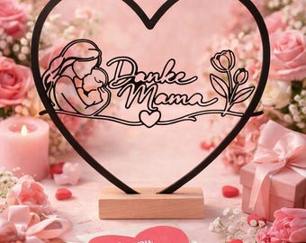Thank you Mom decorative heart with wooden base, mother and child line art 3D print, Mother's Day gift, Mom gift, living room decor, gift for Mom
