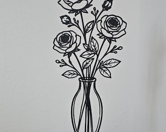 Line art roses in a vase | Minimalist art on a wooden base | Modern | Decorative flowers | Plants | Gift idea | Living room decoration