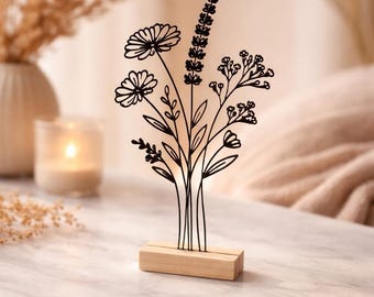 Line Art Flowers | Minimalist Art on a Wooden Base | Modern | Decorative Bouquet | Plants | Gift Idea | Living Room Decor