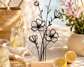 LineArt Floral Bouquet | Minimalist Art on a Wooden Base | Modern | Floral Decoration | Plants | Gift Idea | Living Room Decoration