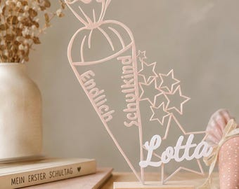 Personalized 3D school cone stand with name | Back to school decoration gift for schoolchild, star design, wooden base