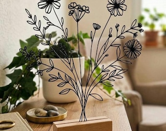 3D printed flower stand with wooden base | Minimalist line art decor | Modern table decoration | Boho gift idea