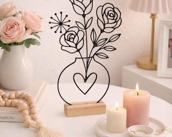 LineArt Decoration | Floral Bouquet | Minimalist 3D Art Wooden Base | Decoration | Modern Design | Gift Idea | Living Room Decoration