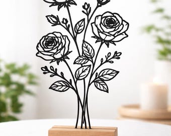 LineArt Roses | Minimalist art on a wooden base | Modern | Floral decoration | Plants | Gift idea | Living room decoration