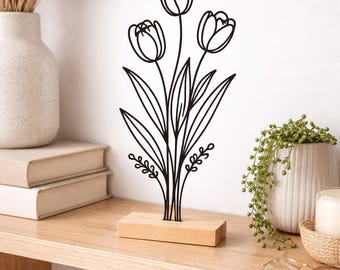 Line-art tulip bouquet | Minimalist art on a wooden base | Decorative flowers | Plants | Gift idea | Living room decoration