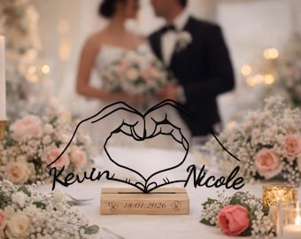 Personalized Line Art Heart Hands with Wooden Base, Laser Printed | 3D Printed Gift | Table Decoration | Minimalist Design | Valentine's Day | Wedding