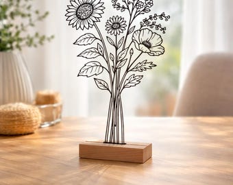 LineArt Summer Bouquet | Minimalist Art on a Wooden Base | Modern | Floral Decoration | Plants | Gift | Living Room Decor