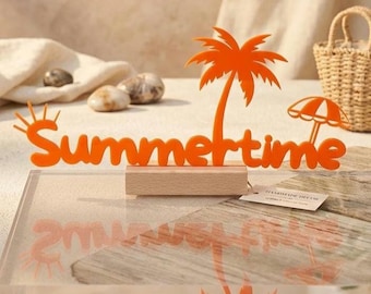 Summertime 3D printed decoration with palm tree, beach, sun, wooden base, tropical table decoration, summer gift, vacation, beach, modern home accessory