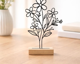 LineArt Blumen Frühling | Minimalistische Kunst auf Holzsockel | Modern | Dekoration Blumen | Pflanzen | Geschenkidee | Wohnzimmerdekoration