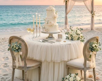 Ivory Ruffle Tulle Tablecloth, Elegant Round Cover for Bridal Shower & Party Styling
