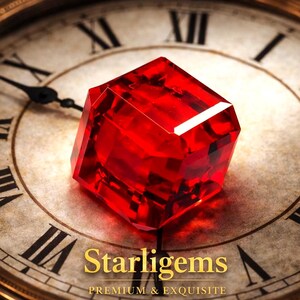 Può includere: Un cubo di pietra preziosa rosso traslucido e sfaccettato poggiato sul quadrante di un orologio antico con numeri romani. Il testo Starligems PREMIUM & EXQUISITE è stampato in lettere dorate sulla parte inferiore del quadrante.