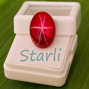 May include: A vibrant red star ruby gemstone, oval-shaped, rests on a white display case. The gemstone exhibits a six-rayed star pattern. The text "Starli" is printed on the case. The background is a green leaf.