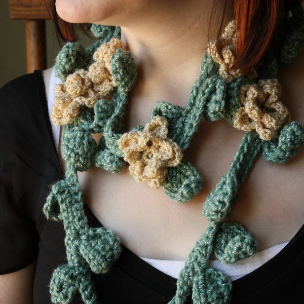 Scarf with  Crocheted Ivy Leaves and Flowers FREE SHIPPING in USA and Canada