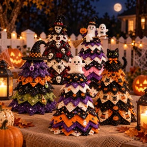 Könnte beinhalten: Fünf dekorative Stoffbäume mit Halloween-Motiven. Die Bäume sind mit Mustern aus Totenköpfen, Geistern, schwarzen Katzen, Kürbissen und Spinnennetzen in Orange, Lila, Schwarz und Weiß verziert. Jeder Baum ist mit einer Figur oder einem Hut gekrönt.