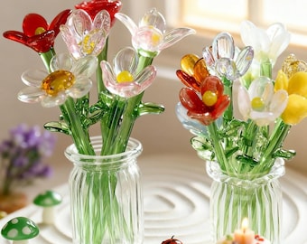Mini Glass Flower Bouquet: Handmade Glass Flower Figurines Tiny Glass Vase Decor Collectible Flower Ornaments Gift for Her