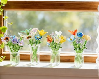 Handgeblazen mini-glasbloemen, geboortemaand bloemencadeau, miniatuur glaskunst, lampwork boeket, decoratie klein huis, unieke glassculptuur