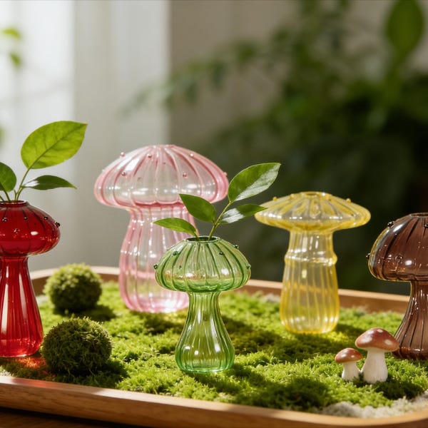 Vaso a forma di fungo: Cottagecore Fungi Decor - Vaso in vetro a forma di fungo, graziosi regali per fioriere idroponiche da interno