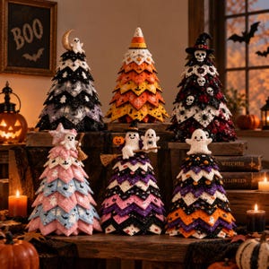 Peut inclure: Six arbres décoratifs en tissu sur le thème d'Halloween. Les arbres sont composés de segments de tissu pointus superposés dans diverses couleurs, dont le noir, l'orange, le rose, le violet et le blanc, ornés de motifs de fantômes, de crânes et de citrouilles.