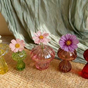 Op de afbeelding: Een verzameling kleurrijke, paddenstoelvormige glazen vazen, elk met een enkele bloem. De vazen zijn in tinten geel, groen, roze, bruin en rood. De bloemen zijn wit, roze, paars en rood, met gele centra. De vazen staan op een geweven oppervlak.