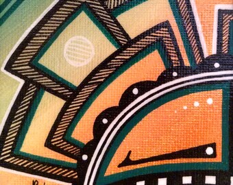 May include: A close-up of a colorful abstract painting with geometric shapes and patterns in shades of green, black, white, and orange. The painting features a signature in the bottom left corner.