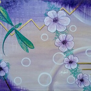 May include: Abstract painting with a green dragonfly, purple flowers, and gold accents on a purple and beige background.