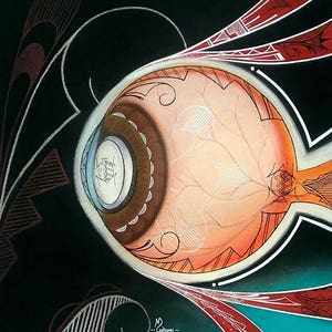 May include: Abstract art painting with a large, stylized eye in the center. The eye is surrounded by swirling lines and patterns in shades of red, white, orange, and brown. The background is black with a teal blue section at the bottom.