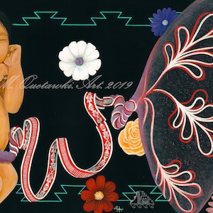 May include: A painting depicting a newborn baby with a red and white patterned ribbon attached to its umbilical cord. The baby is sleeping with its arms crossed over its chest. The background is black with a turquoise patterned border. The painting is titled "M. Quetarwiki. Art. 2019".