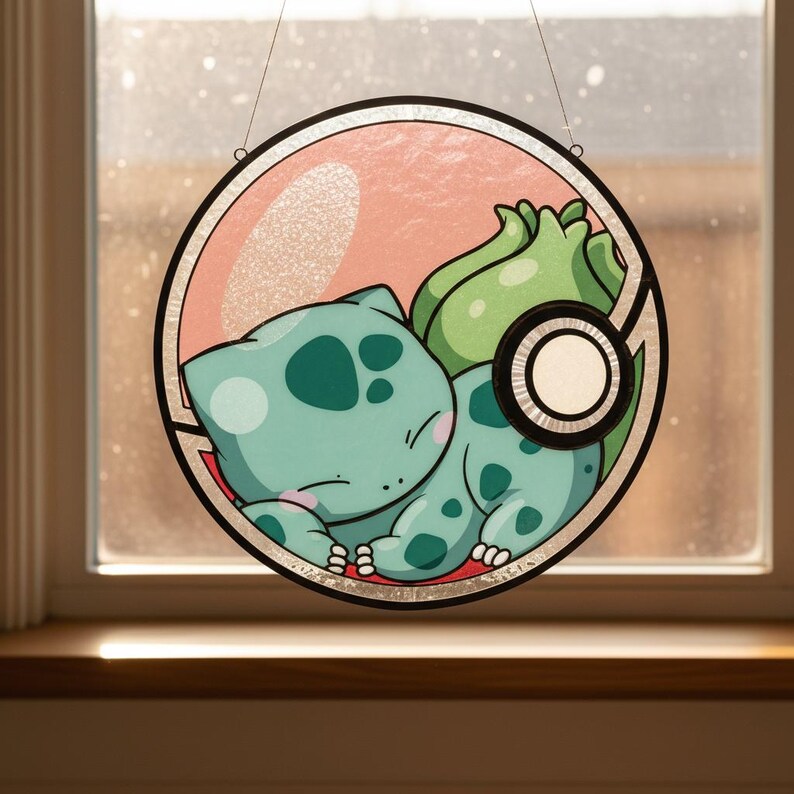 Bulbasaur-inspired Stained Glass Window Hanging | Cute Pokémon-style ...