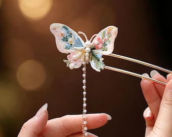 Handmade Butterfly Hair Stick, Embroidered U Hair Pin with Tassel, Bridal Gift for Her