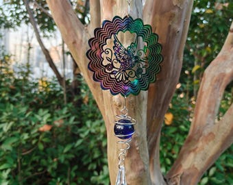 Colorful Hummingbird Mandala Wind Chime – Boho Outdoor Patio & Garden Decor Gift for Her