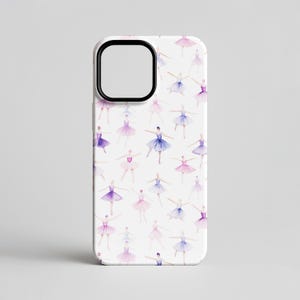 May include: White phone case with a repeating pattern of watercolour ballerinas. The dancers are in pink, purple, and blue tutus. The case has a black camera aperture. The case is designed for a mobile phone.