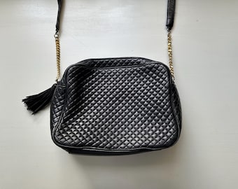 Vintage 80s 'Valerie Stevens' Navy Leather Quilted Crossbody Bag