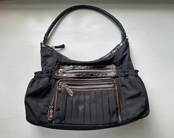 Vintage 00s 'Brighton' Black Nylon and Brown Crocodile Leather Trimmed Shoulder Bag