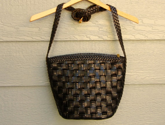 Vintage 70s Black 'Cem' Woven Leather Bucket Bag - image 5