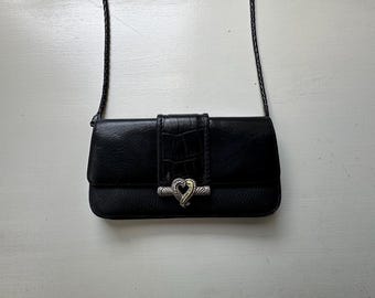 Vintage 90s 'Brighton' Black Leather Metal Heart Emblem Mini Crossbody Bag and Convertible Clutch