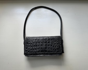 Vintage 80s Black Alligator Print Leather Shoulder Bag