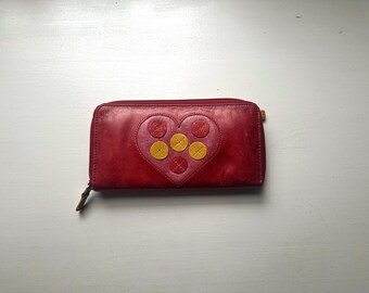 Vintage 00s 'Fossil' Red Pink and Yellow Leather Heart Zippered Wallet