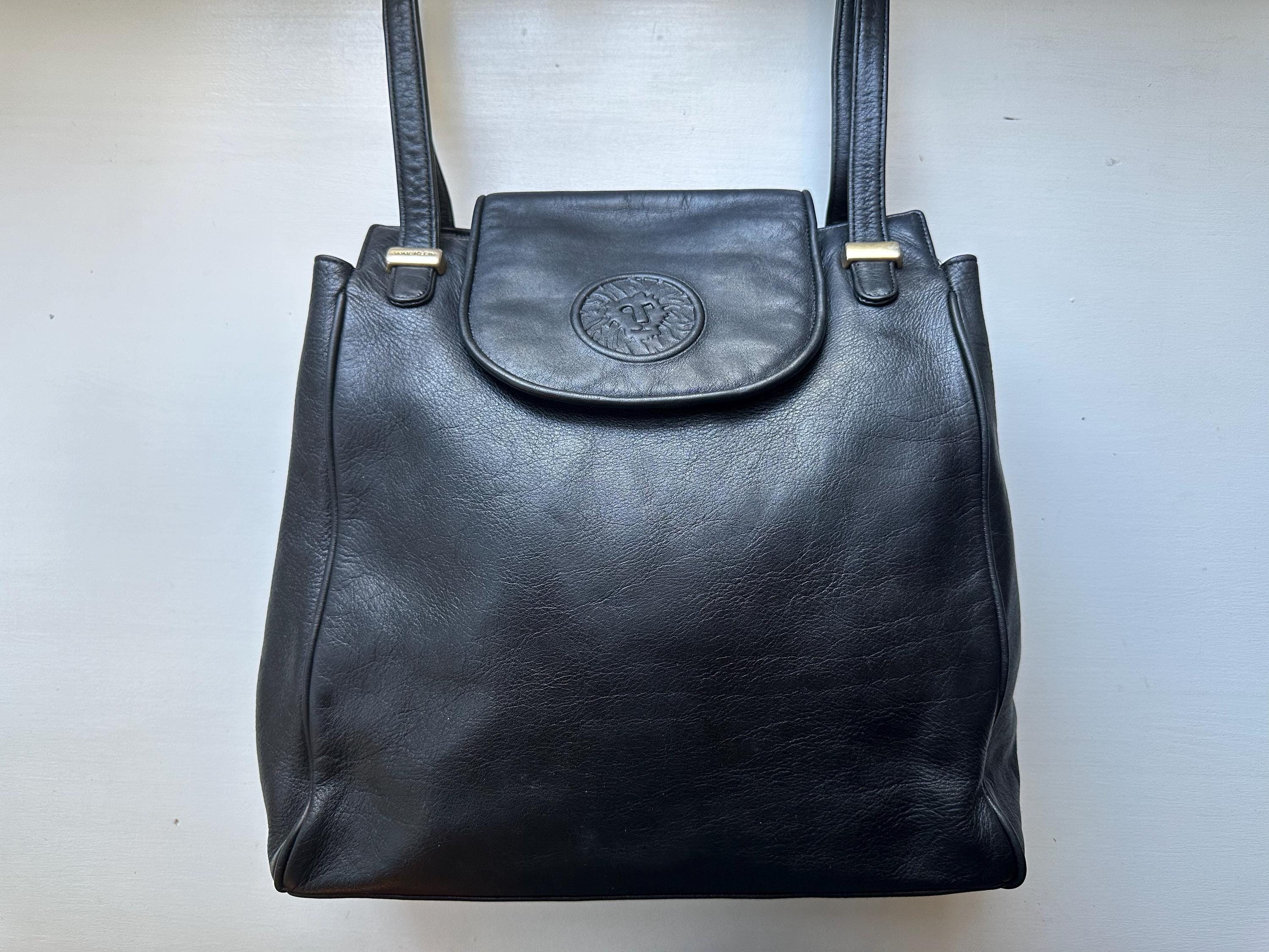 Vintage 90s 'anne Klein' Lion Embossed Large Black Leather