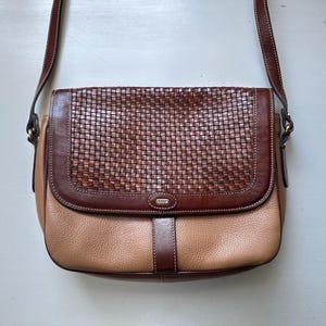 Vintage 90s &#39;Bally&#39; Woven Leather Brown and Cognac Crossbody Bag