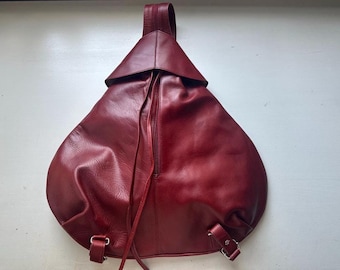 Vintage 70s Dark Cherry Red Large Leather Backpack and Sling Bag