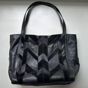 Vintage 90s &#39;Lucky Brand&#39; Black Leather Lich Patchwork Tote