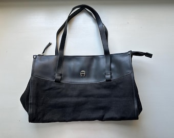 Vintage 90s 'Etienne Aigner' Black Faux Leather and Burlap Shoulder Bag