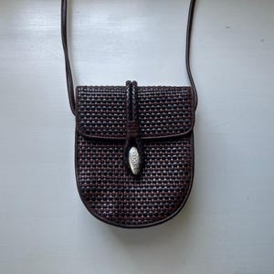 Vintage 90s &#39;One World Brighton&#39; Brown and Black Woven Leather Crossbody Bag