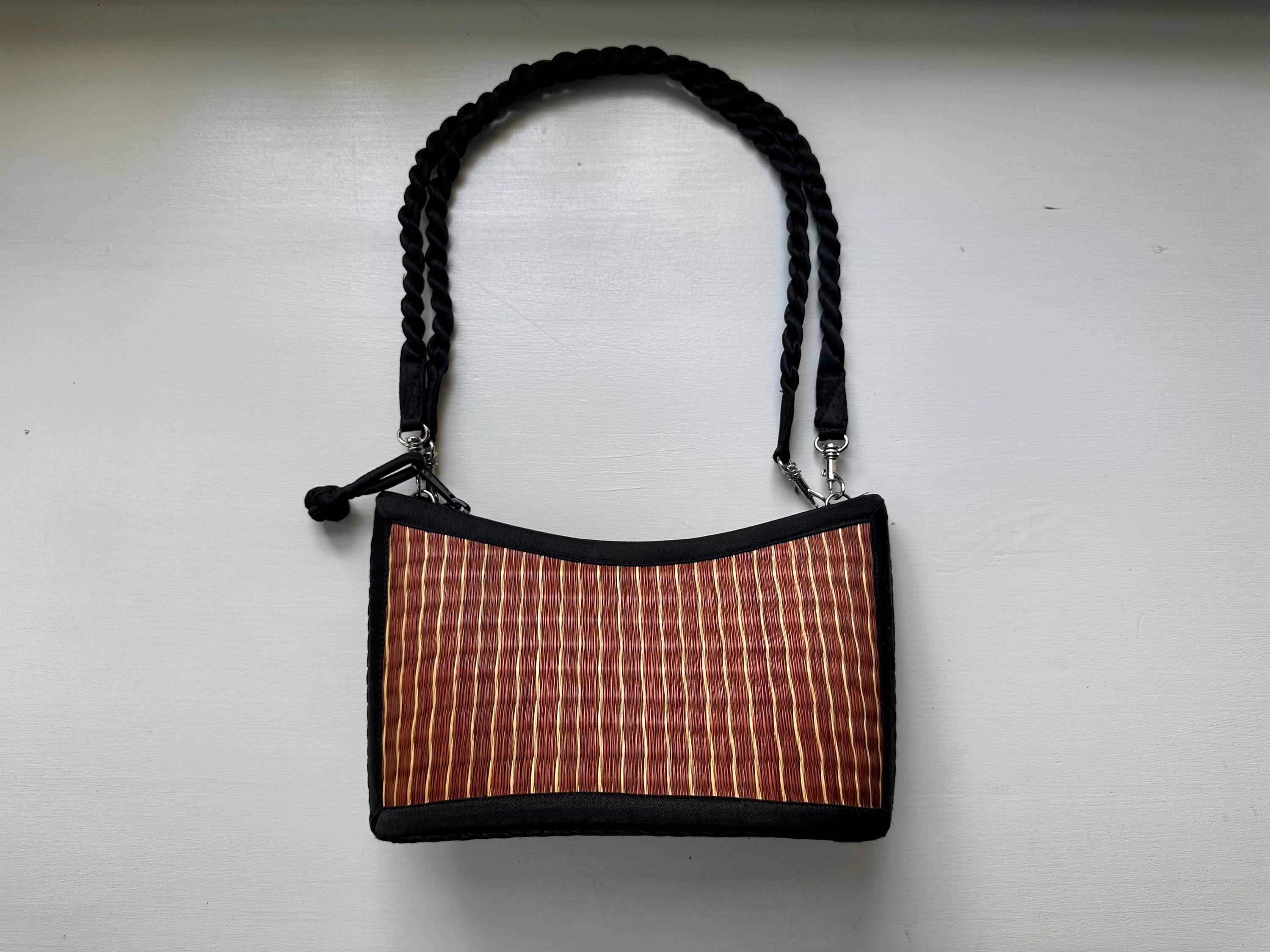 Vintage 90s 'Baskets of Cambodia' Woven Black and Brown Raffia Convertible  Shoulder Bag, image size:3000x2250