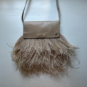Vintage 90s &#39;Rarity Handbags&#39; Beige Leather and Ostrich Feather Crossbody Bag