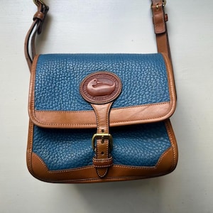 Vintage 90s &#39;Dooney & Bourke&#39; Turquoise and Cognac Brown Leather All-Weather Crossbody Bag