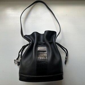 Vintage 90s &#39;Brighton&#39; Black Leather Drawstring Bucket Shoulder Bag