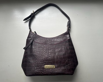 Vintage 00s 'Isle Locada By Hidesign' Dark Aubergine Purple Faux Crocodile Leather Shoulder Bag