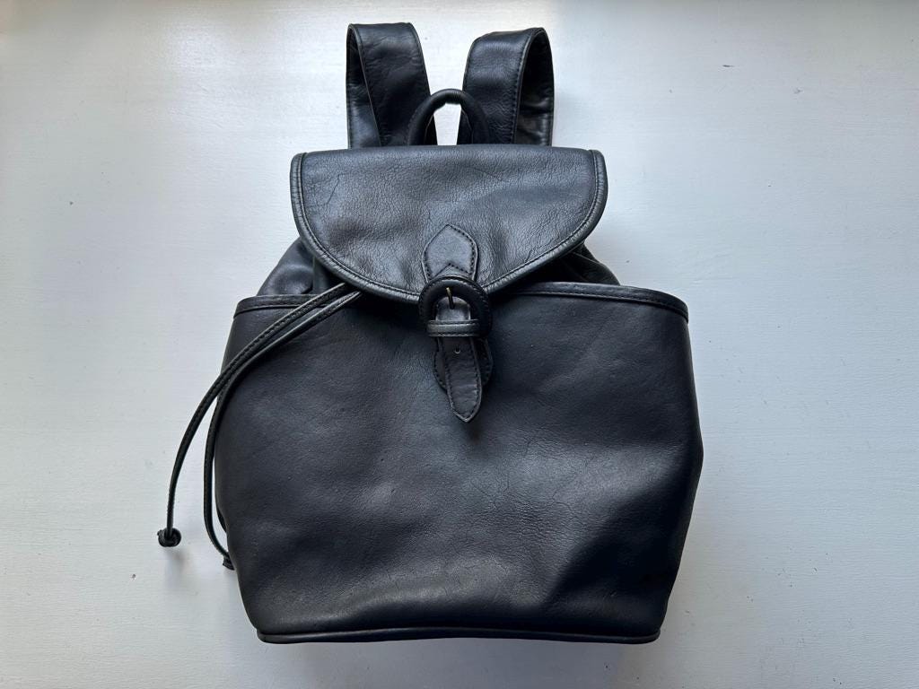 boulder ridge leather backpack black and brown Vintage 80s 'boulder Ridge' Black Leather Backpack