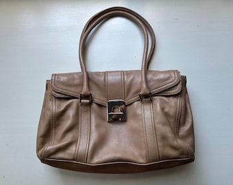 Vintage 00s 'Prada' City Calf Twist Beige Brown Leather Shoulder Bag